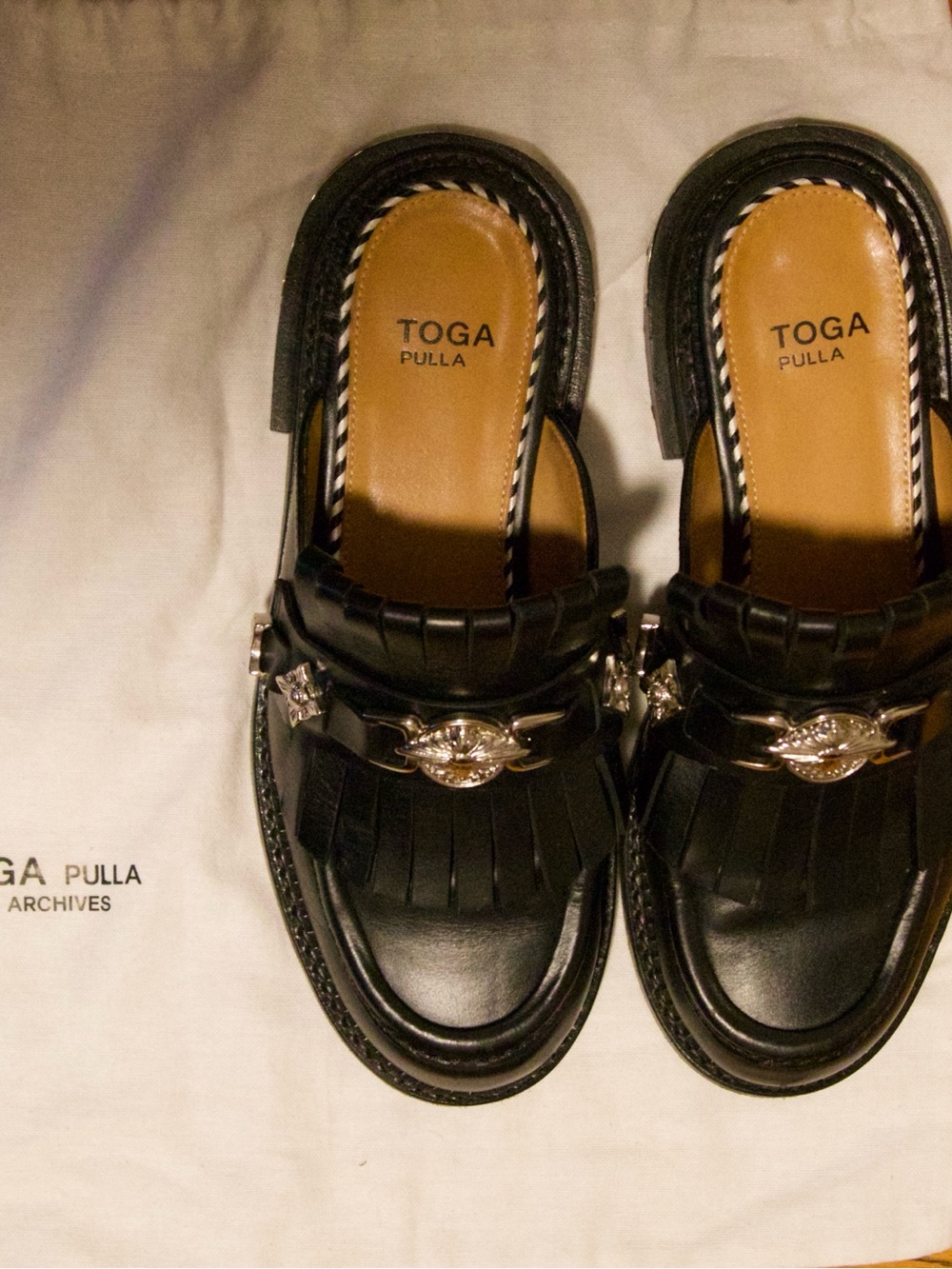 TOGA Pulla Black Leather Fringe Slip-On Mules with Silver Hardware
